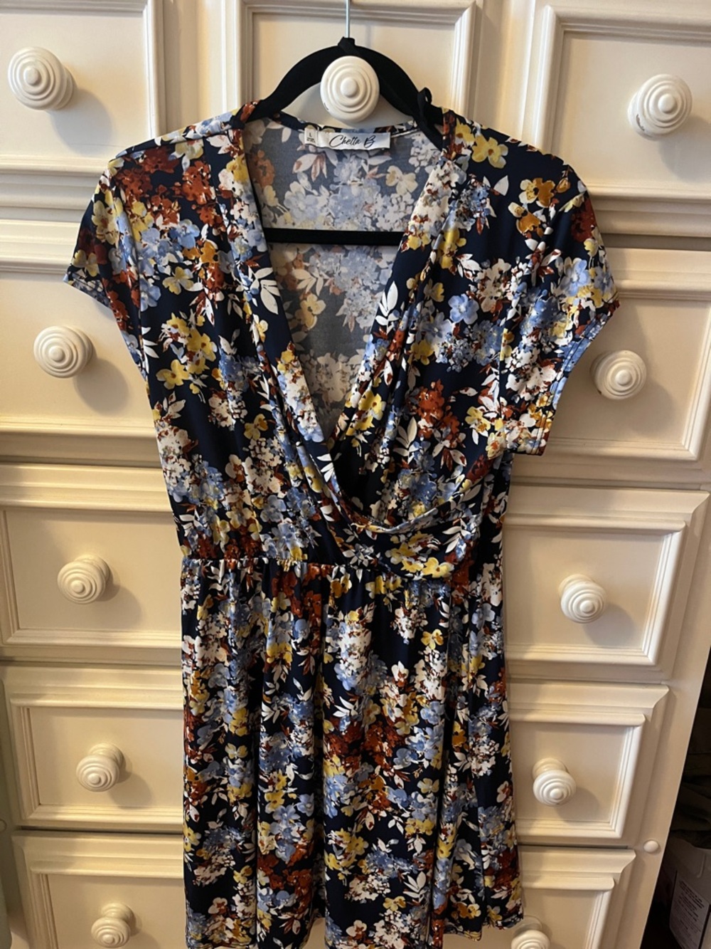 Chetta B Navy Floral Wrap Dress with Yellow, Rust & Light Blue Flowers